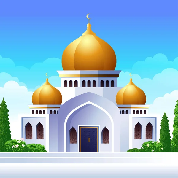 Carino Moschea Del Fumetto Con Cupola Oro Verde Cortile Illustrazione — Vettoriale Stock