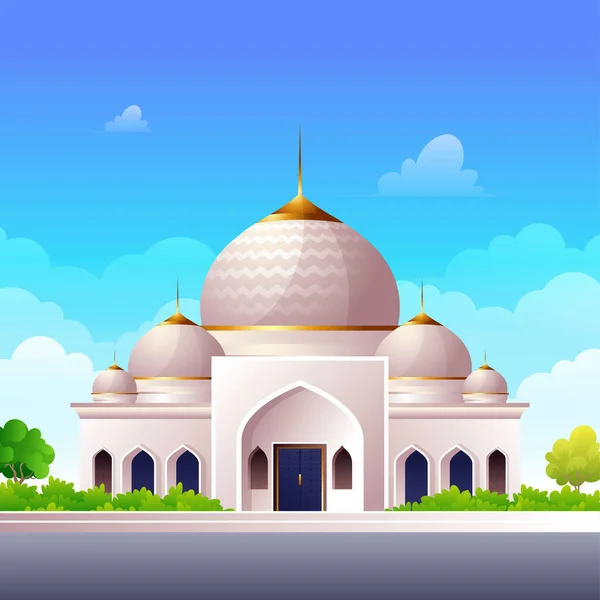 Stock vector Cartoon mosque beside the highway with green and yard and blue sky flat illustration