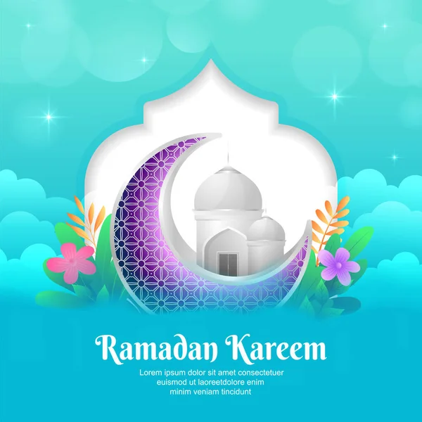 Biglietto Auguri Mubarak Ramadan Con Mezzaluna Viola Moschea Sul Vettore — Vettoriale Stock