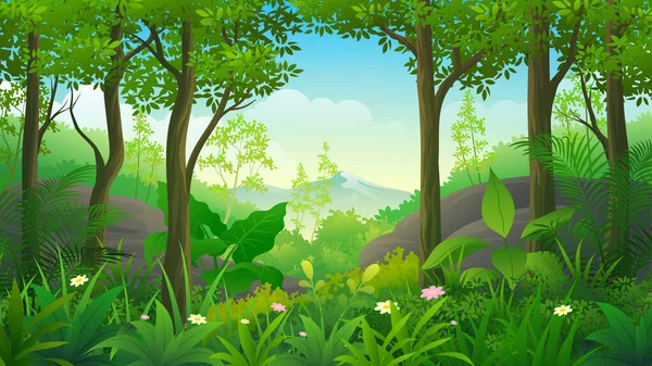Schöne Dichte Regenwald Naturlandschaft Mit Grünen Büschen Laub Und Exotischen — Stockvektor
