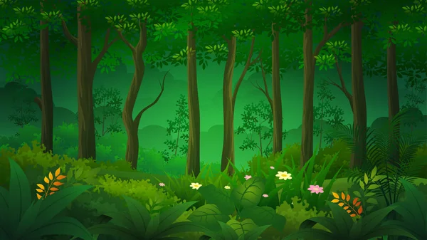 Selva Selvagem Floresta Tropical Natureza Paisagem Com Arbustos Verdes Folhagem —  Vetores de Stock
