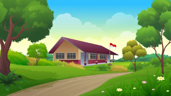 Indonesisches Grundschulgebäude Mit Feldweg Ländliche Landschaft Bildungskonzept Cartoon Illustration — Stockvektor