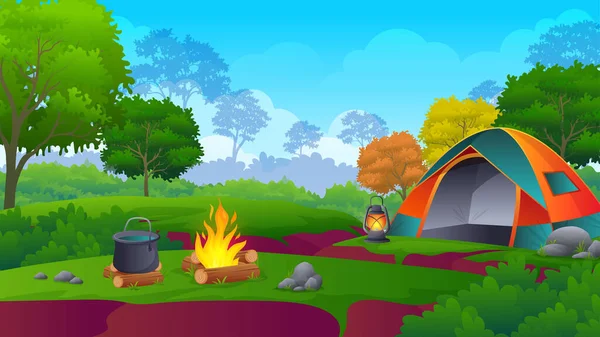 Camping Tente Dans Montagne Forêt Avec Belle Illustration Dessin Animé — Image vectorielle