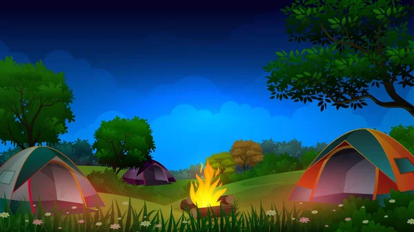 Night Camping Top Mountains Different Tent Lights Campfire Trees Cartoon — Stock Vector