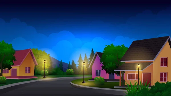 Жилой Дом Ночное Время Уличными Фонарями Зелеными Ленточками Деревьями — стоковый вектор