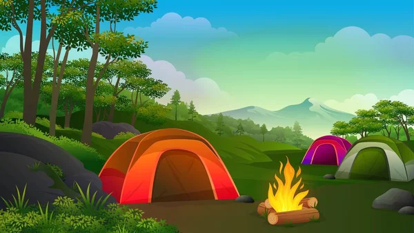 Zelten Der Nacht Tal Der Berge Mit Verschiedenen Zelten Lagerfeuer — Stockvektor