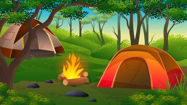 キャンプ異なるテント ライトキャンプファイヤー 漫画の風景と夜の緑豊かな木の下で — ストックベクタ
