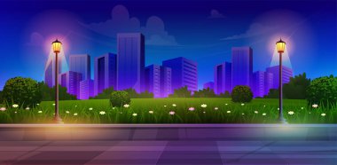 Gece Geniş Teras Şehir Bahçesi. Mavi gökyüzünün altında parlayan sokak lambaları ve gökdelen binaları var.