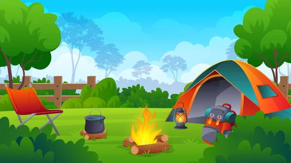 Zomer Camping Landschap Met Bos Landschap Tent Kampvuur Bomen Cartoon — Stockvector