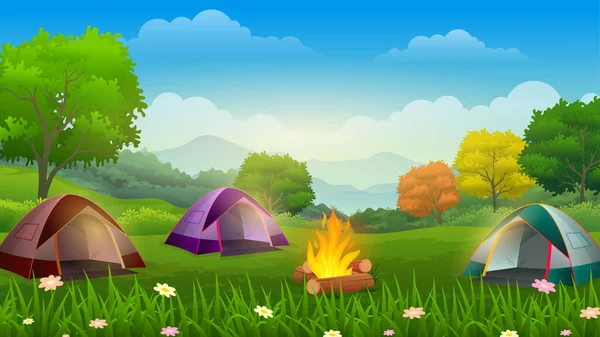 Concepto Campamento Verano Día Soleado Amanecer Paisaje Con Naturaleza Montañas — Vector de stock