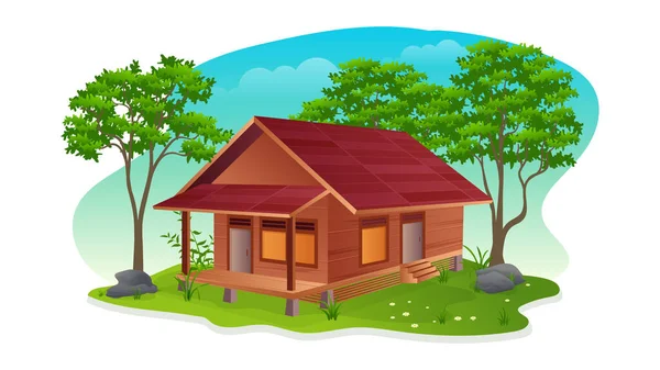 Maison Traditionnelle Bois Avec Pelouse Verte Arbres Illustration Vectorielle Pierre — Image vectorielle