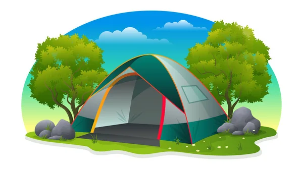 Sommer Zeltlager Mit Grünem Gras Bäumen Und Steinvektorillustration — Stockvektor