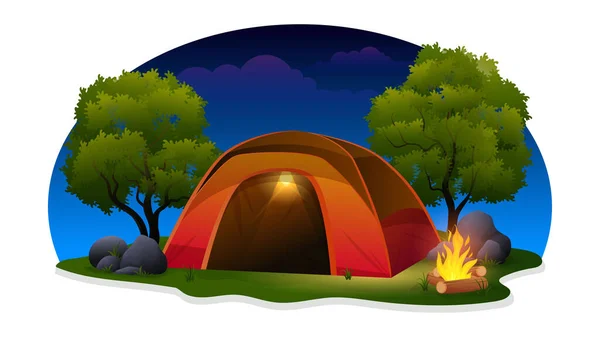 Tenda Acampamento Noite Com Fogueira Luz Grama Verde Árvores Ilustração —  Vetores de Stock