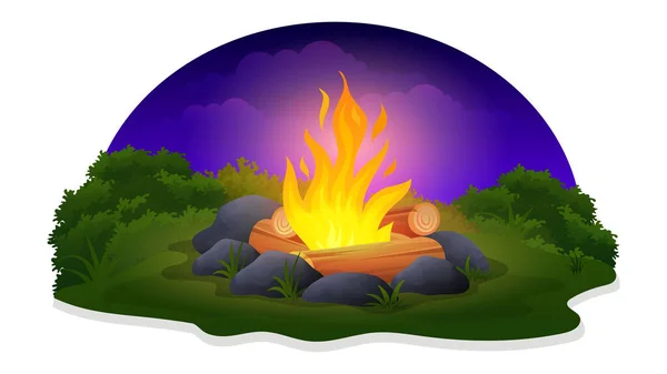 Campfire Ved Vektor Illustration Med Gräs Buske Och Sten — Stock vektor