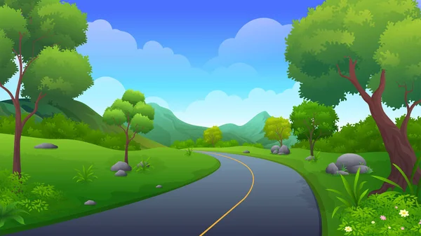 Asphalt Road Going Hill Beautiful Nature Landscape Trees Mountain Vector — Stock Vector