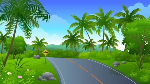 Asphaltstraße Durch Den Hügel Der Kokosnussplantage Mit Wald Bäumen Und — Stockvektor