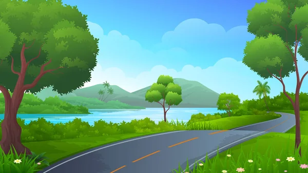 레이크 사이드 아스팔트 도로와 아름다운 호수나 나무와 — 스톡 벡터