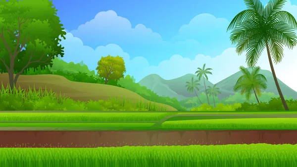 Doğayla iç içe güzel pirinç tarlaları, dağ ve tropikal orman vektör çizimleri.