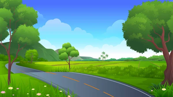 美丽的稻田 配有公路沥青路 树木和山地景观矢量图解 — 图库矢量图片