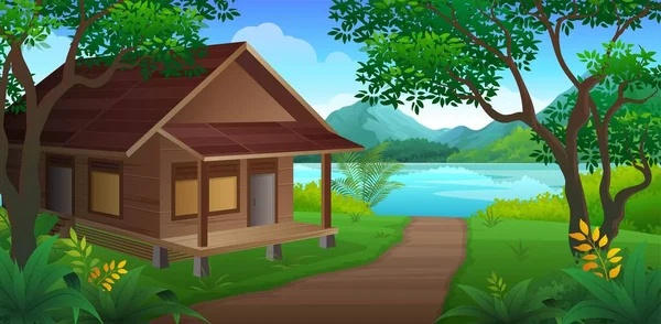Traditional Wooden House River Beautiful Natural Views Tropical Forest Vector — Stock Vector