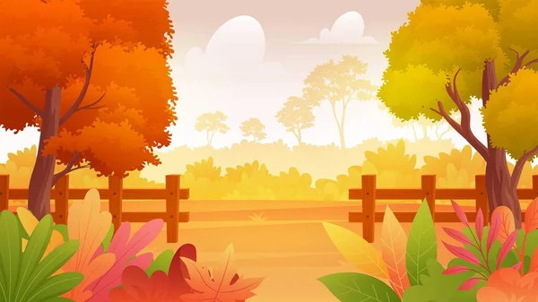 Schöne Herbst Park Landschaft Mit Bäumen Zaun Busch Und Blume — Stockvektor