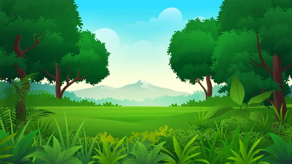 Schöne Sommer Tropischen Wald Lichtung Illustration Mit Üppigen Bäumen Und — Stockvektor