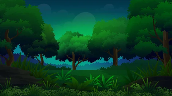Forêt Tropicale Sombre Éclaircie Illustrations Avec Arbres Herbe Luxuriante — Image vectorielle