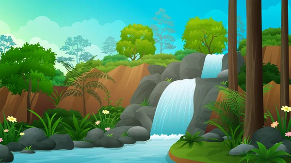 Beautiful two step of rocky waterfall nature landscape vector illustration