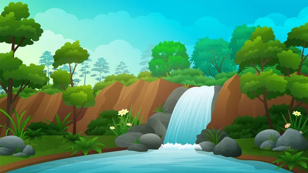 Cachoeira Rochosa Que Flui Sobre Penhasco Bela Natureza Paisagem Vetor —  Vetores de Stock