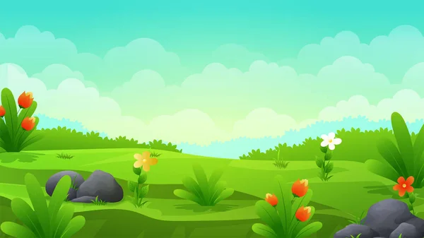 Schöne Cartoon Grünland Mit Blumen Sträuchern Und Bäumen Landschaft Vektor — Stockvektor
