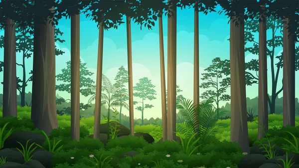 Felsiger Tropischer Regenwald Mit Dichten Büschen Pflanzen Und Bäumen Vektorillustration — Stockvektor