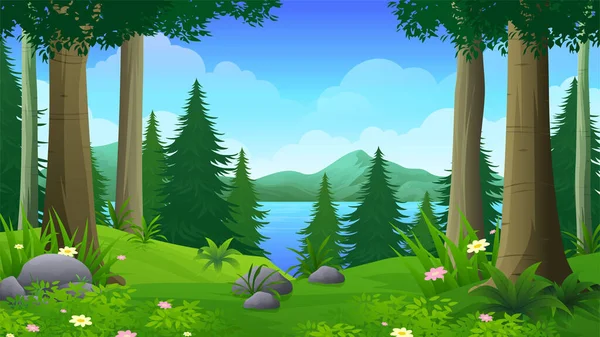 Bataklık ve gölü olan yağmur ormanı, çam ağaçları ve gür çim vektörü çizimi