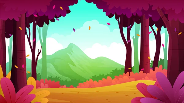 Arbres Violets Dans Forêt Automne Avec Paysage Montagne Illustration — Image vectorielle