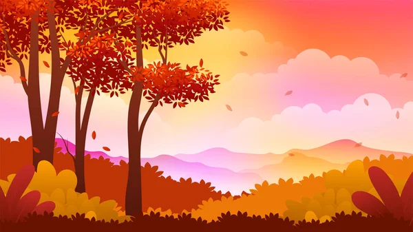 Panorama Autumn Season Landscape Trees Hill Warm Color Design — Stock Vector