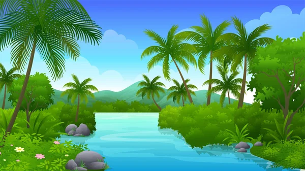 Üppige Büsche Und Kokospalmen Meer Wunderschöne Karikaturen Der Küste — Stockvektor