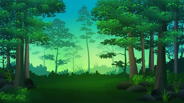 Rodung Des Dunklen Tropenwaldes Illustrationen Mit Bäumen Und Üppigem Gras — Stockvektor
