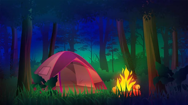 Camping Night Deep Forest Different Tent Lights Campfire Trees Cartoon — Stock Vector