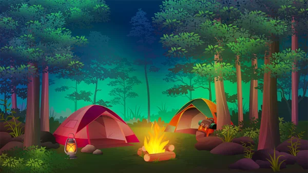 Camping Bajo Exuberante Árbol Por Noche Con Diferentes Tiendas Campaña — Vector de stock
