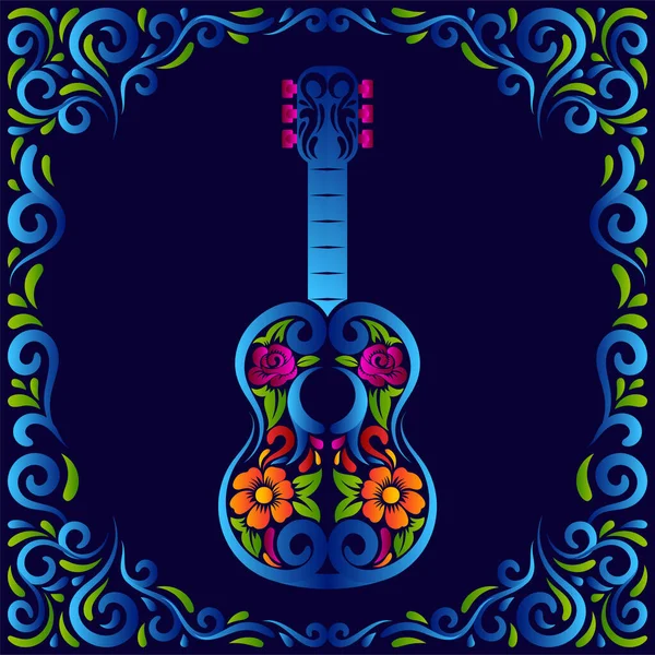 Гитара Dia Los Muertos День Мертвой Мексиканской Гитары Цветочными Украшениями — стоковый вектор