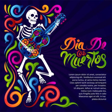 Gitarla dans eden iskelet Dia de Muertos Kafatası canlı renkli Meksika Süslemesi tasarımı