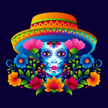 Bayan şeker kafatası La catrina calavera, gotik Meksika halk sanatları çiçek tasarımı