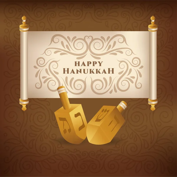 Happy Hanukkah Scroll Paper Banner Avec Carte Vœux Vectorielle Dreidels — Image vectorielle