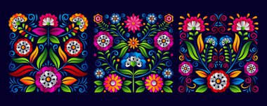 Dia de Los muertos kare rozeti. Ölü Meksika çiçekleri vektör arkaplanı seti