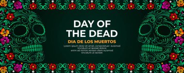 Dia De Los Muertos afişi yeşil şeker kafatası ve renkli Meksika çiçekleri kenarı
