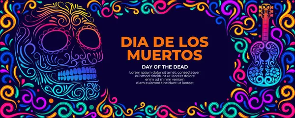 Dia De Muertos pankartıyla Ölü Şeker Kafatası ve Meksika çiçekleri sınırında