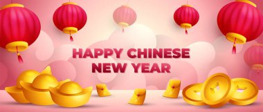 Asılı fenerli Çin bayramı afişi, altın külçeler ve para para vektörü tasarımı