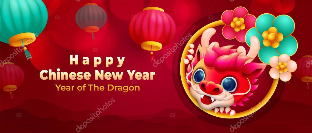 Cartoon Chinese new year horizontal banner with cute little dragon and hanging lantern