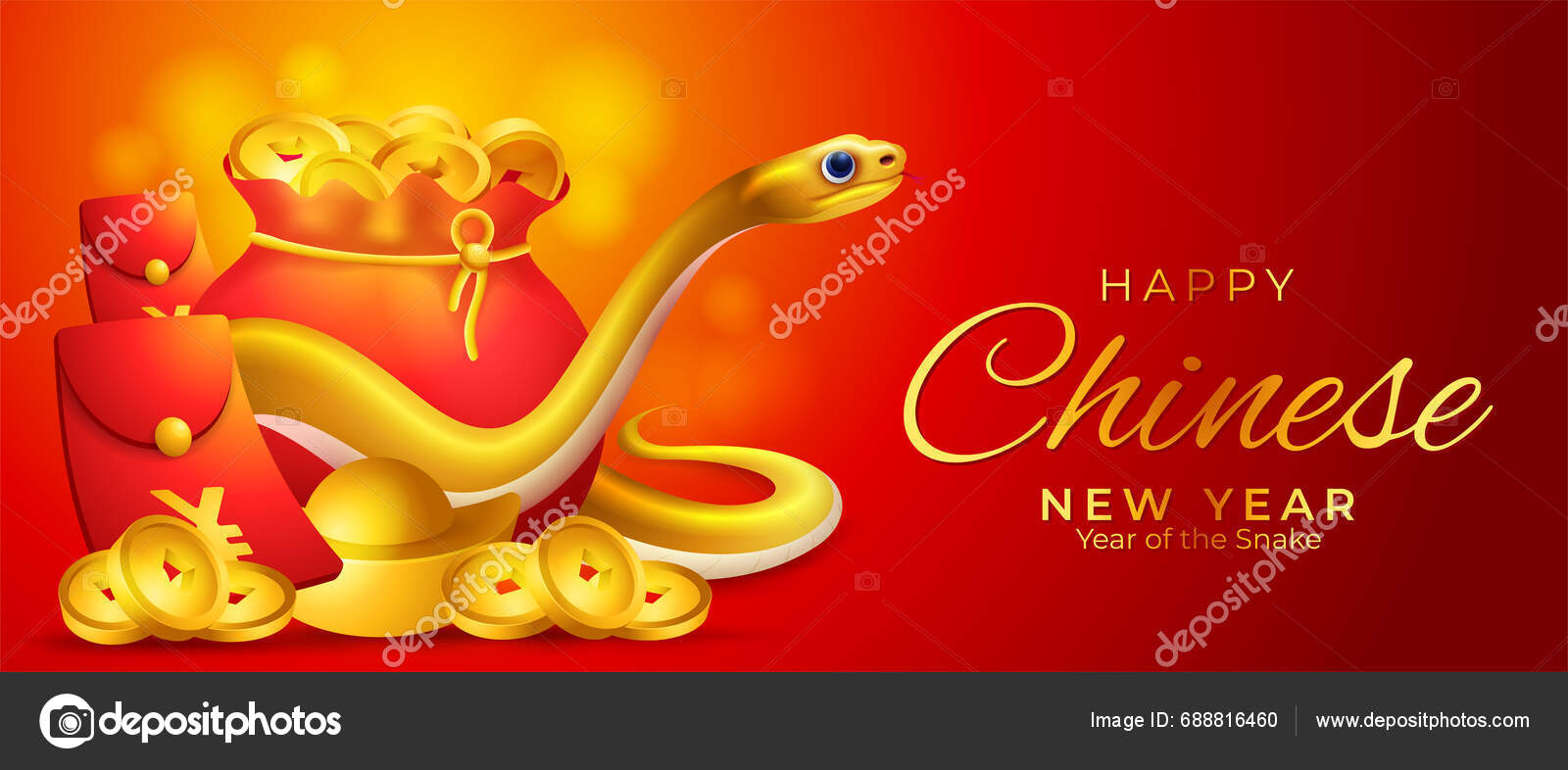 Chinese Year Snake Banner Design Golden Wood Snake Golden Ingots Stock Vector by ©kinastira