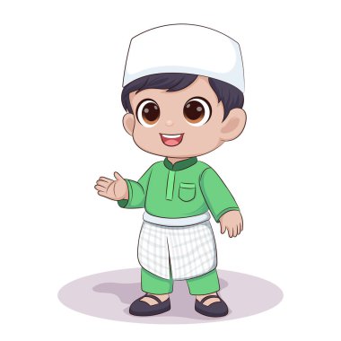 Müslüman bir çocuk, başlık takıyor ve Müslüman kıyafeti giyiyor. Gülümsüyor ve el sallıyor.