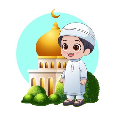 Mübarek bayramın kutlu olsun, İslami kıyafetler giyen Müslüman bir çocuk ve camili bir kafatası şapkası.